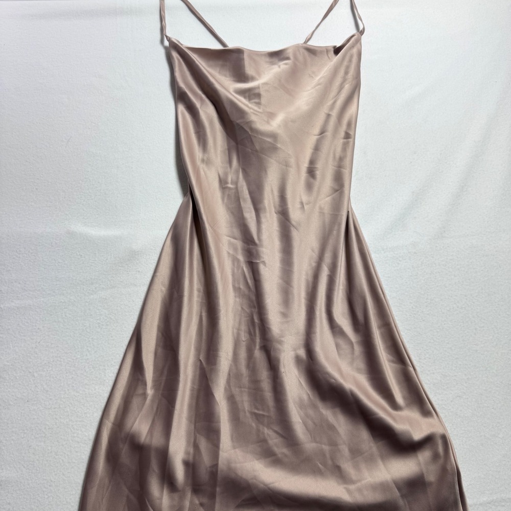 Timing Slip Into It Dress M Taupe Satin Cowl Neck Midi Spaghetti Strap WD8508S